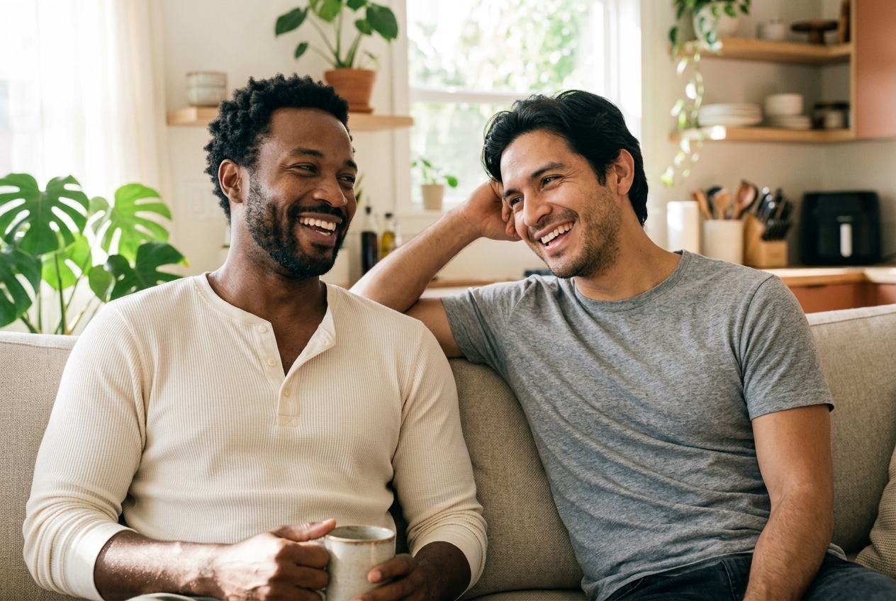 Two men laughing together at home, relaxed and confident
