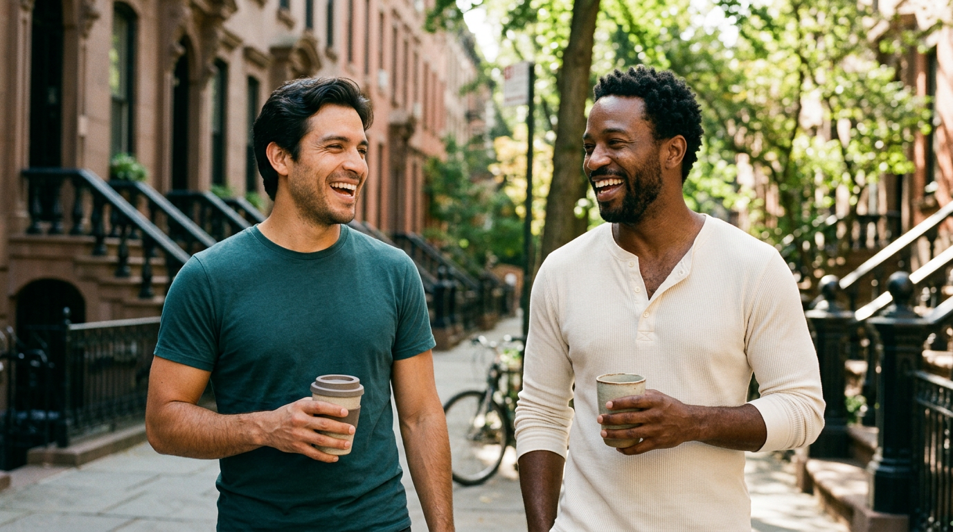 Two men walking down a sunny street with coffee