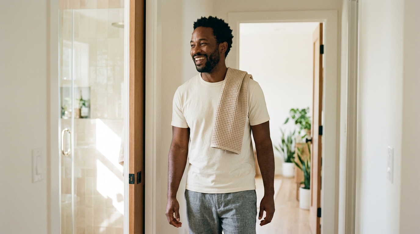 Man stepping out of a sunlit bathroom, relaxed morning