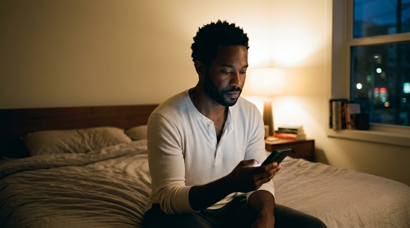 Man alone at night looking at phone, the moment of hesitation before going out