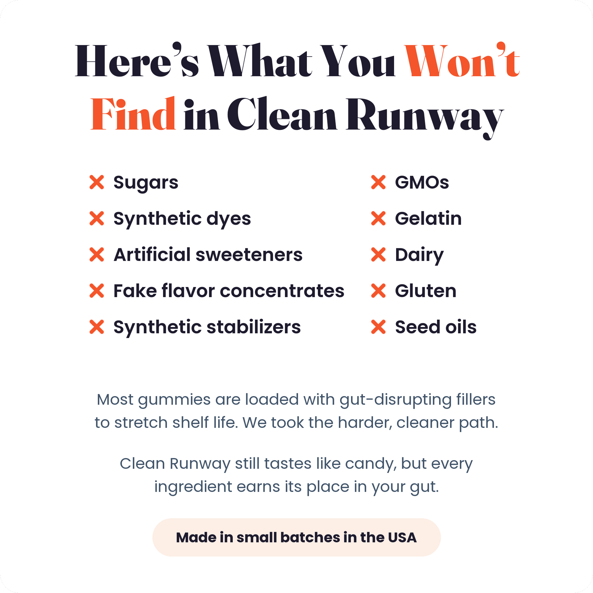 What you will not find in Clean Runway: sugars, dyes, sweeteners, GMOs, gelatin, dairy, gluten, seed oils