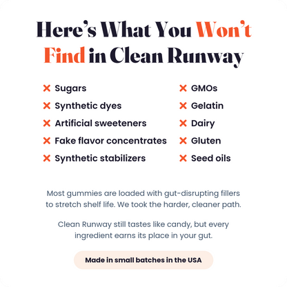 What you will not find in Clean Runway: sugars, dyes, sweeteners, GMOs, gelatin, dairy, gluten, seed oils